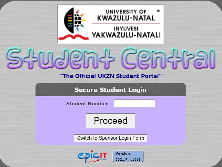 UKZN student central login page.